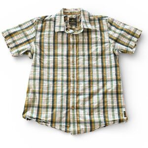 PrAna Mens Plaid Blue Gold White‎ Short Sleeve Button Down Shirt Size M
